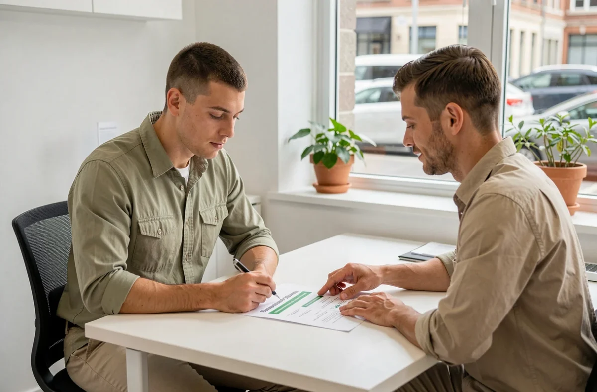 Jeune homme en entretien avec un conseiller emploi consultant un plan de formation personnalisé pour accélérer sa recherche d'emploi