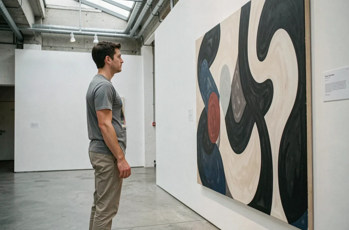 Jeune homme contemplant une œuvre d'art dans une galerie d'art moderne