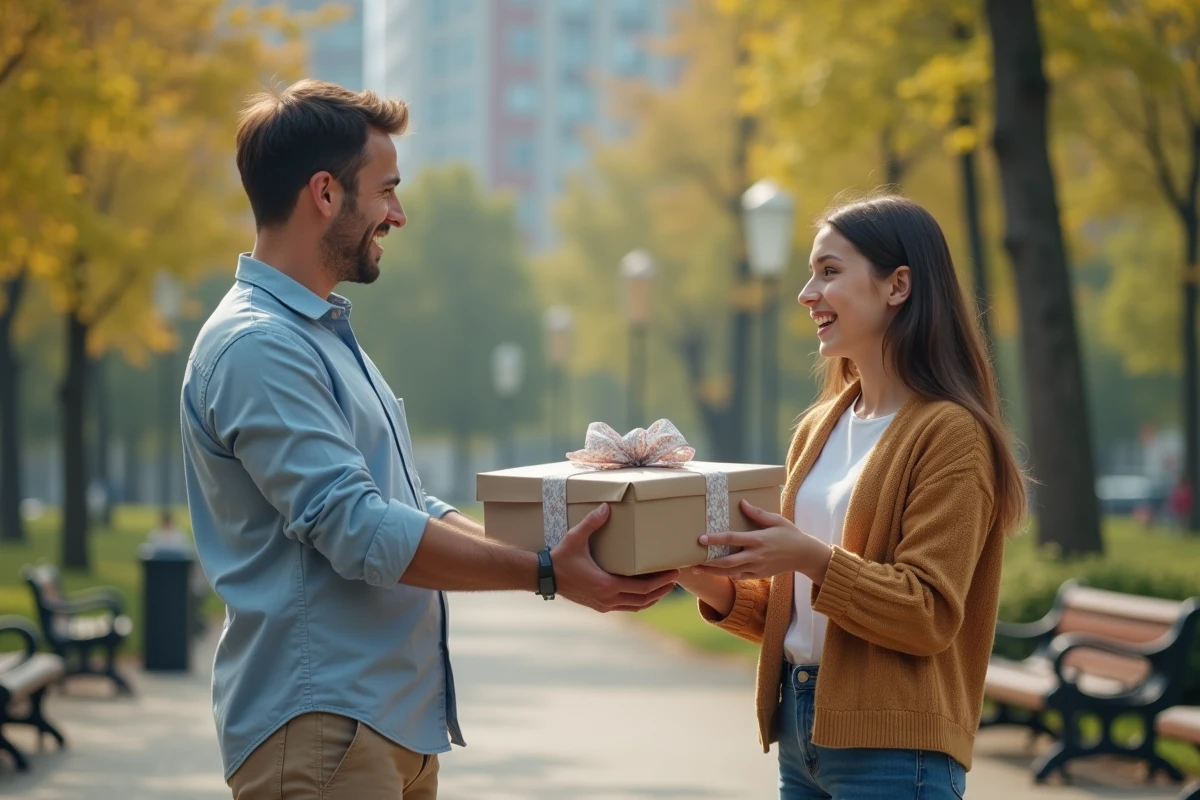 Jeune homme offrant un cadeau à une adolescente dans un parc