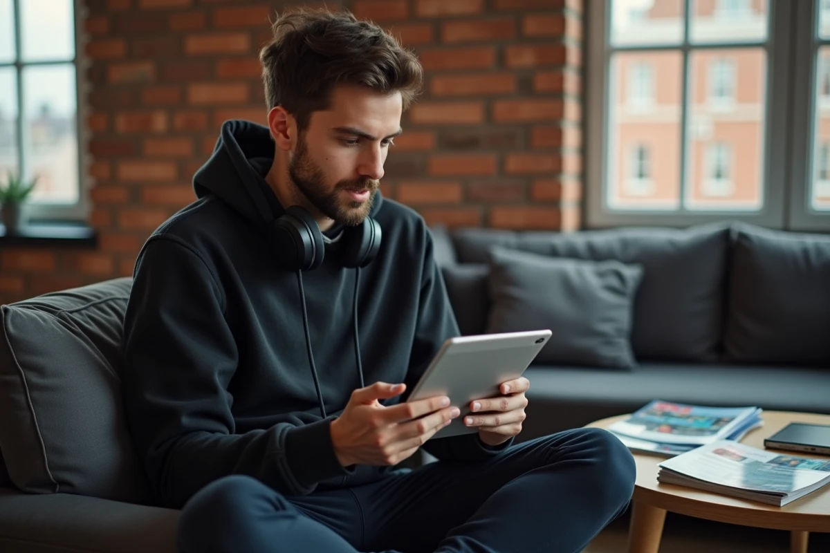 Jeune homme assis sur un canapé consultant des conseils et astuces informatiques sur une tablette numérique