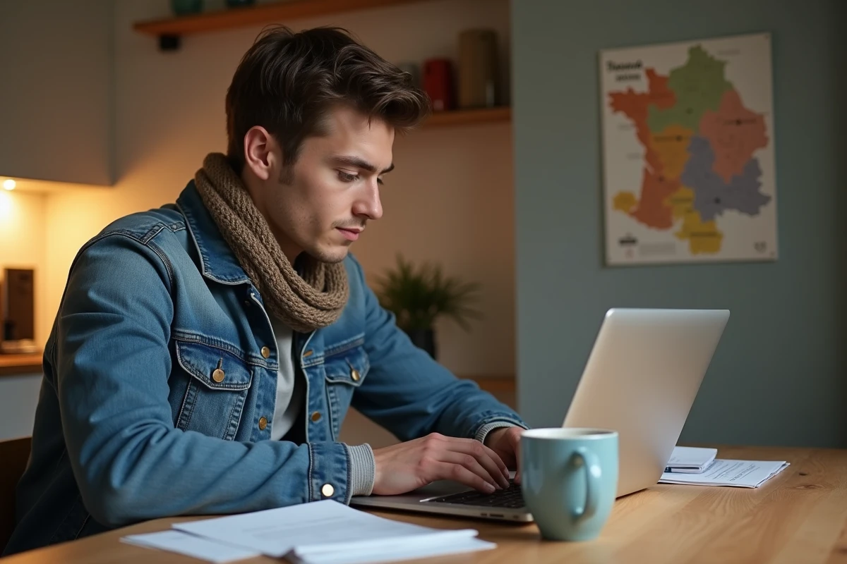 Jeune homme utilisant un ordinateur pour entrer un code postal