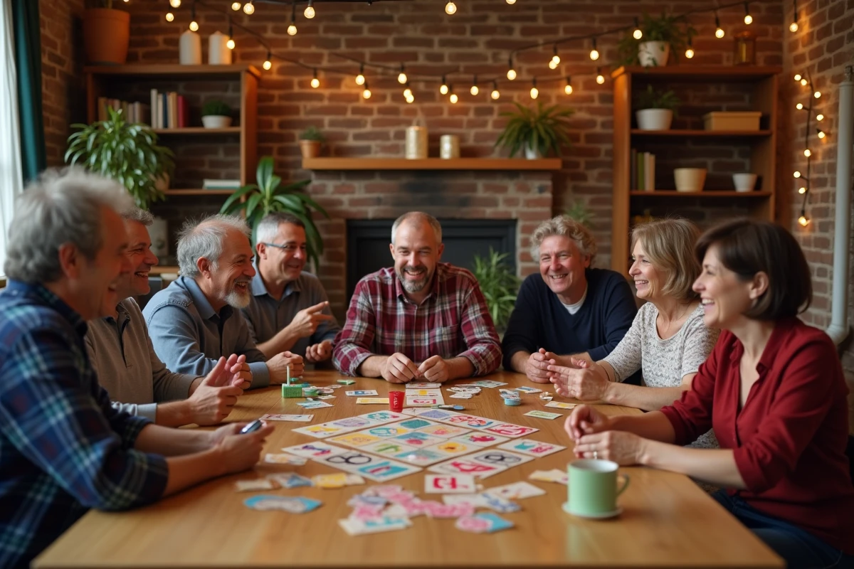 Groupe d'adultes joyeux autour d'une table de fête jouant à des jeux d'anniversaire