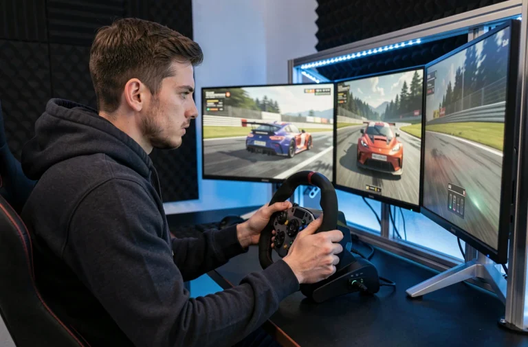 Joueur concentré sur une simulation de course Assetto Corsa Competizione avec un volant de simulation dans un cockpit de jeu à domicile