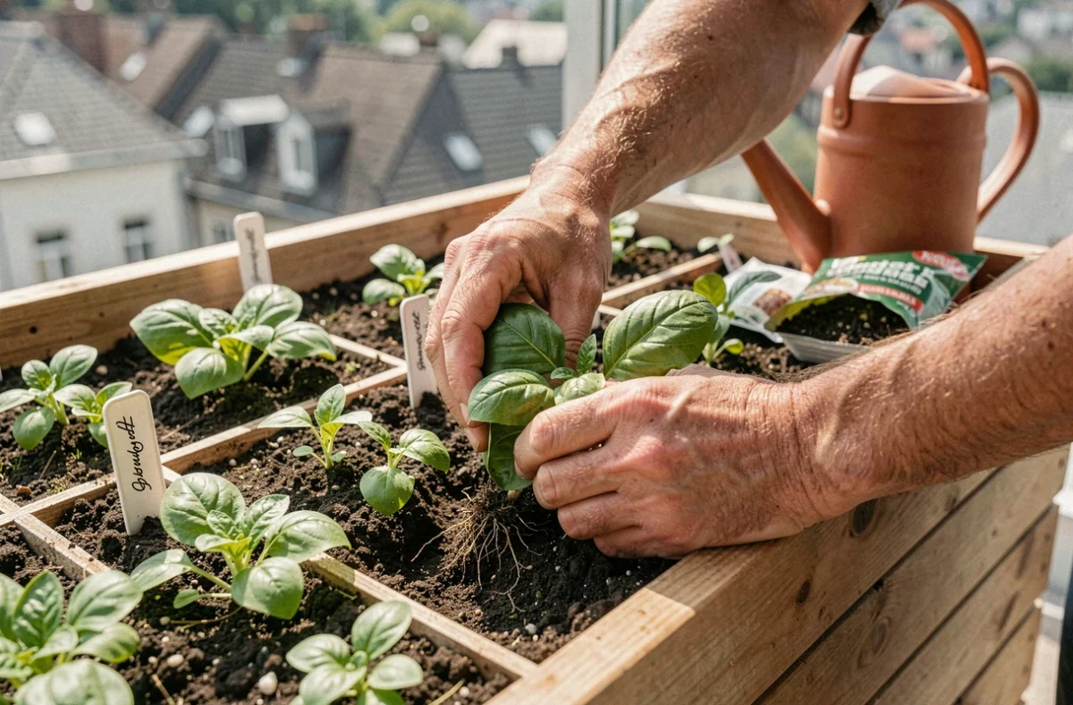 Mains plantant des jeunes plants de laitue et basilic dans un carré potager surélevé en bois sur un balcon urbain