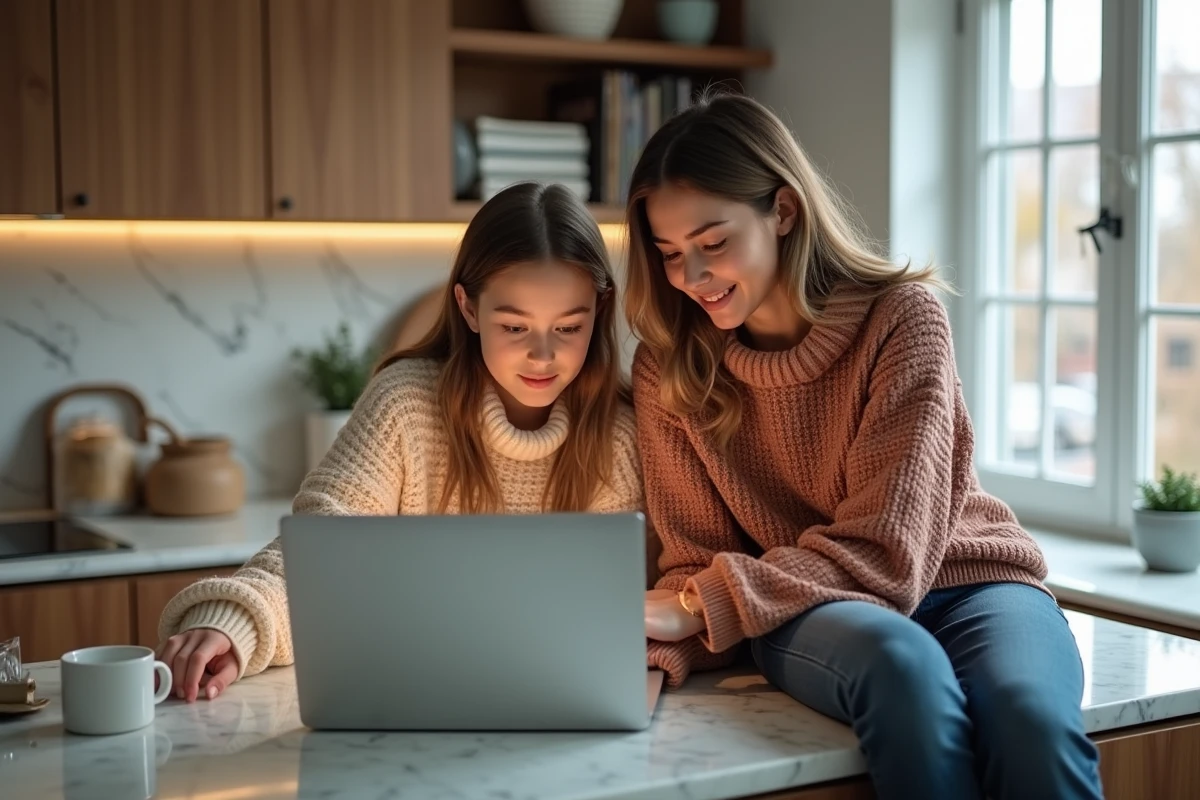 Mère et fille discutant sur la cuisine avec ordinateur portable