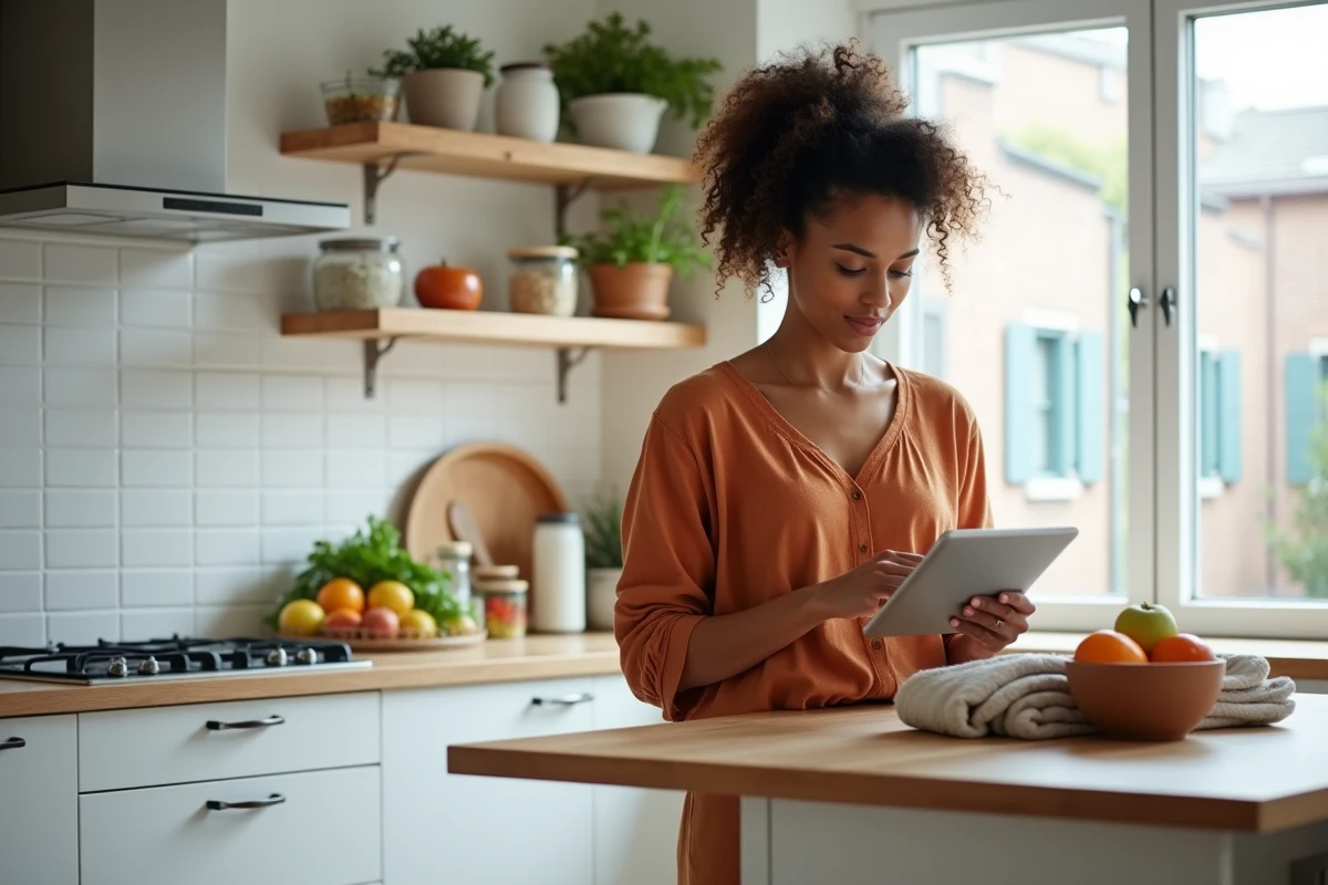Jeune maman moderne consultant des astuces parentales sur tablette dans une cuisine lumineuse et bien rangée