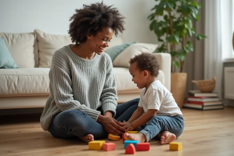 Maman trendy en pull gris jouant avec son jeune enfant sur le parquet d'un salon cosy, ambiance parentalité moderne et bienveillante