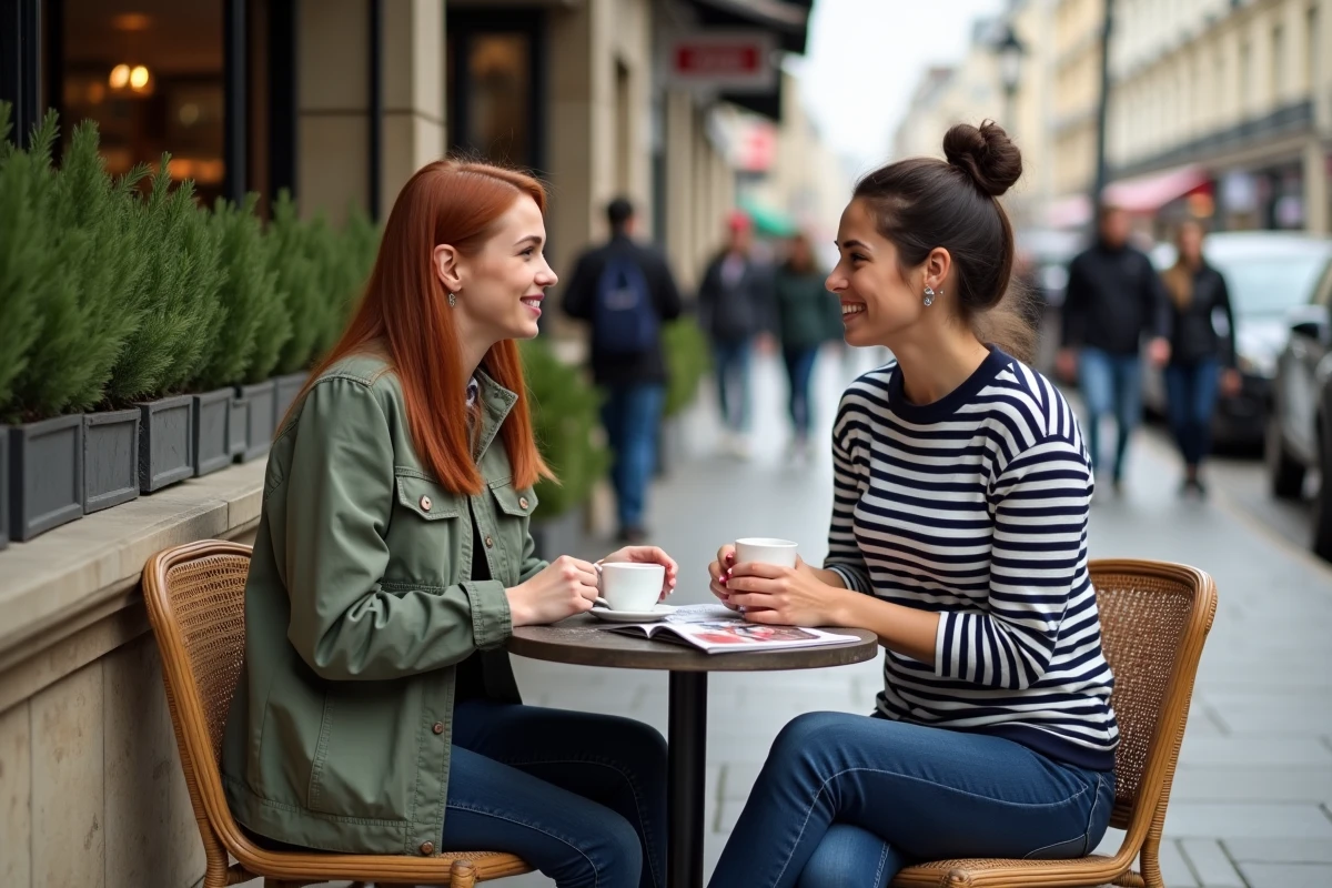 Deux mamans échangeant des conseils parentalité autour d'un café en terrasse parisienne avec magazine