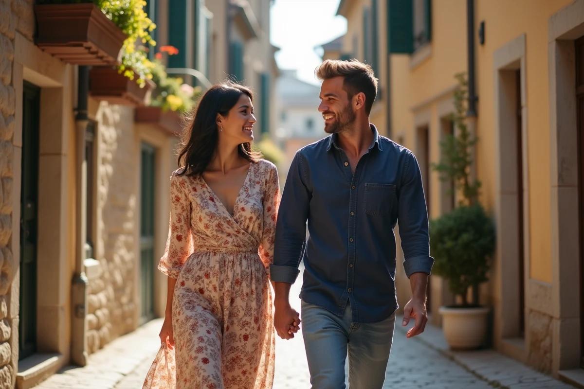 Couple élégant se promenant dans une rue pavée européenne, ambiance chaleureuse et naturelle évoquant la vie de couple