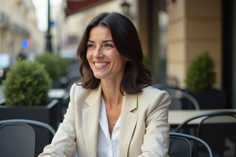 Portrait éditorial de Margot Haddad en terrasse de café parisien, souriant avec élégance dans un blazer crème