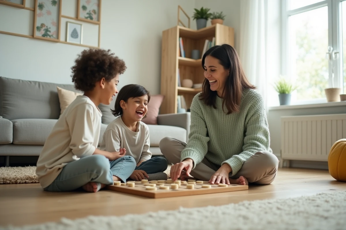 Moment en famille dans un appartement contemporain, mère jouant avec ses enfants sur le parquet dans une atmosphère chaleureuse