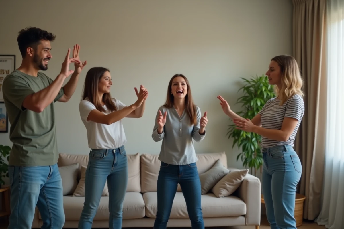 Adultes enchaînant des mimes en silence lors d'un jeu d'anniversaire festif