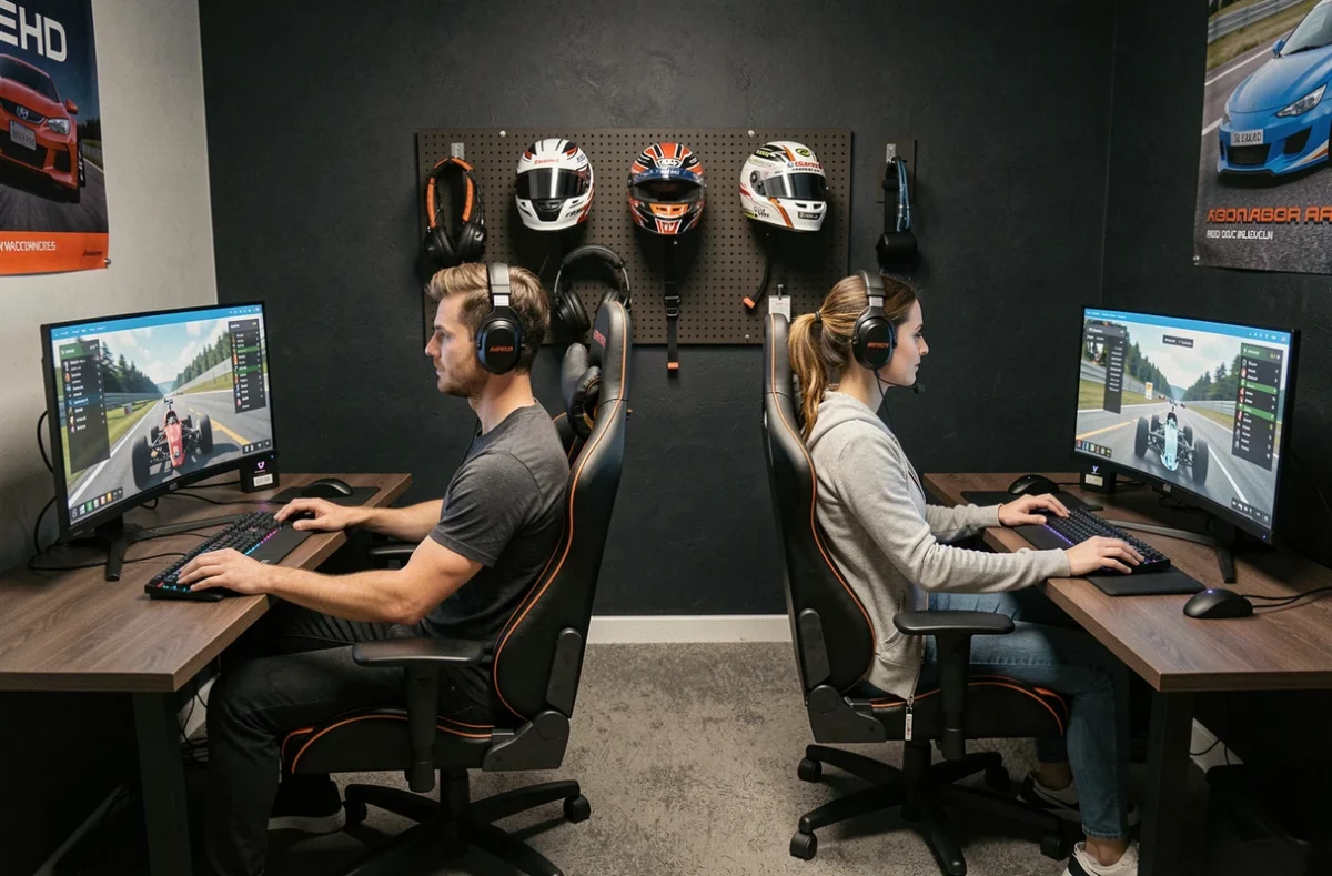 Deux joueurs en ligne sur Assetto Corsa Competizione dans une salle de jeu dédiée avec des cockpits de simulation distincts