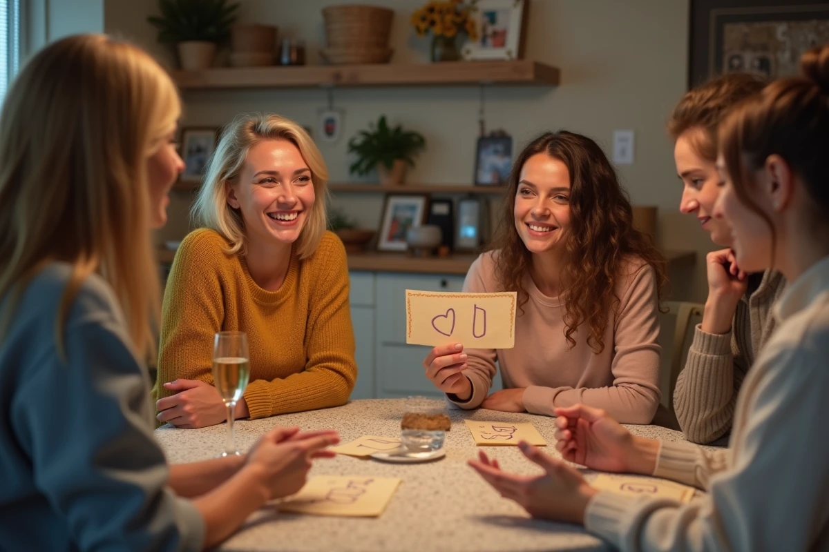 Adultes jouant à un quiz personnalisé sur la vie de l'hôte lors d'un anniversaire