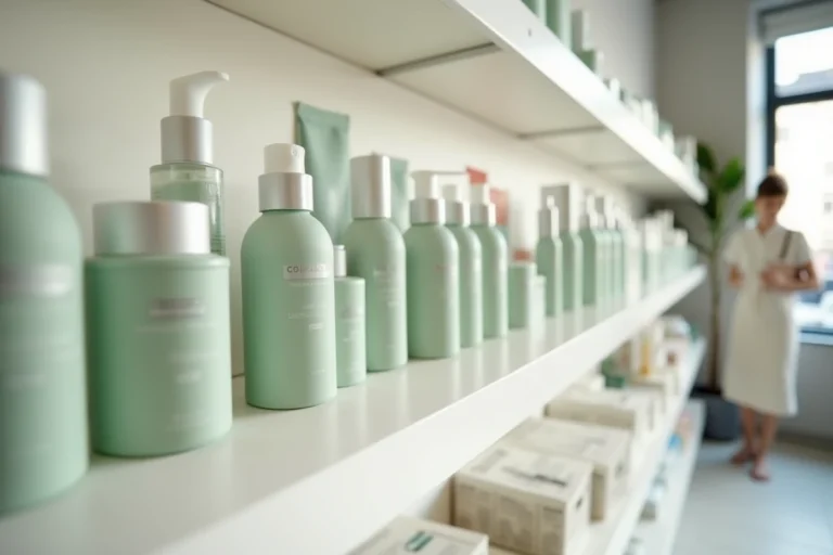 Rayon de produits de soin Typology dans une boutique beauté minimaliste française