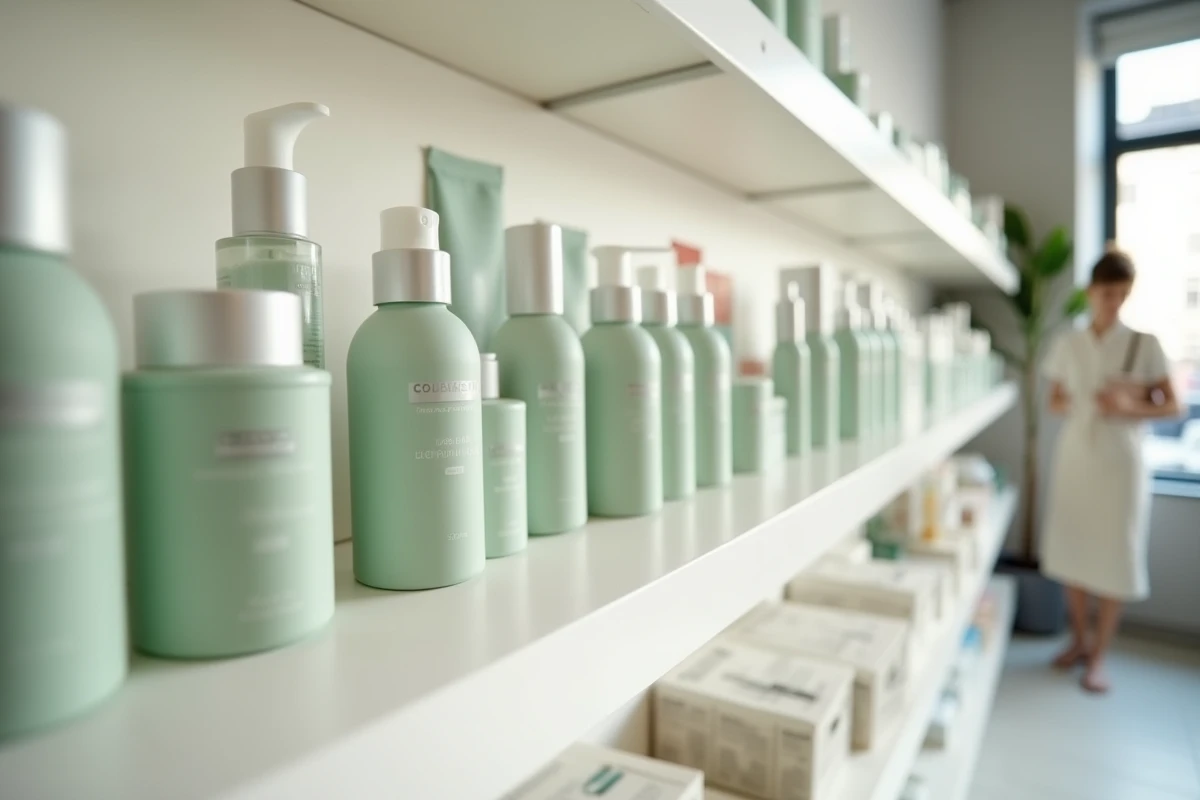 Rayon de produits de soin Typology dans une boutique beauté minimaliste française