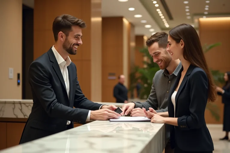 Réceptionniste d'hôtel remettant une carte-clé à un couple lors de leur enregistrement à la réception