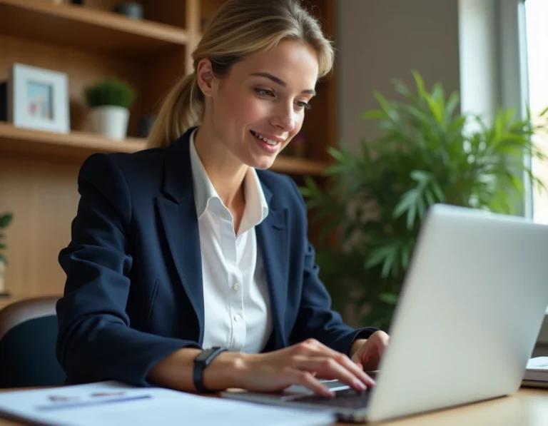 Femme professionnelle effectuant un règlement immobilier sécurisé en ligne depuis son bureau à domicile