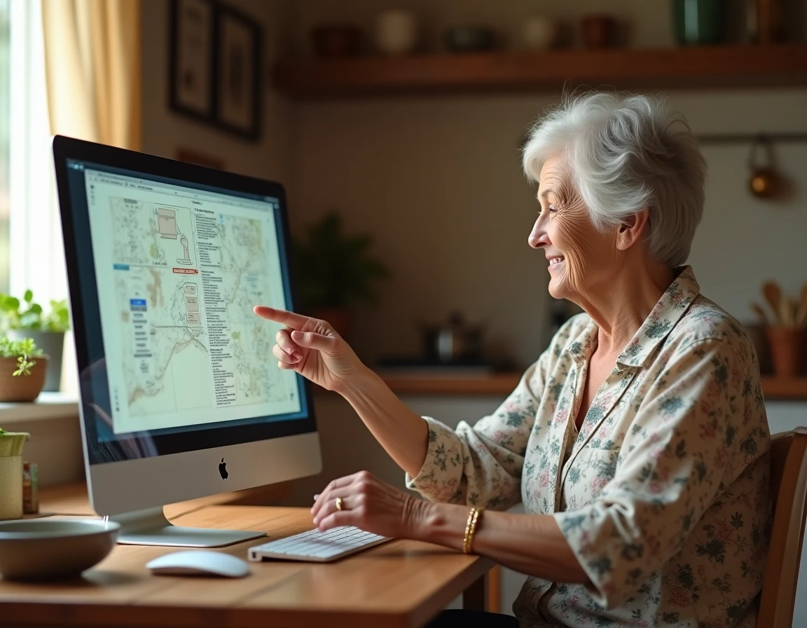 Femme âgée naviguant sur le plan du site d'une communauté de communes depuis un ordinateur de bureau dans une cuisine de campagne