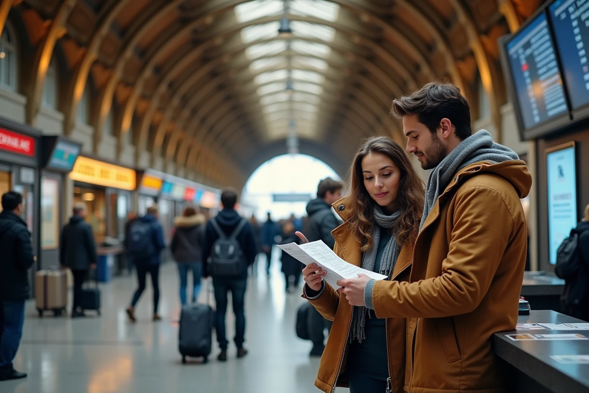 Couple consultant les tarifs d'un auto train à un guichet de gare SNCF en France