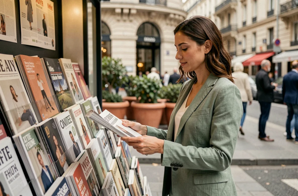 Femme tendance parcourant des magazines lifestyle dans une rue parisienne animée