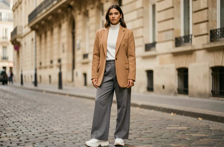 Femme élégante portant un blazer camel oversize et un pantalon large gris sur une rue pavée parisienne, tendances mode automne-hiver