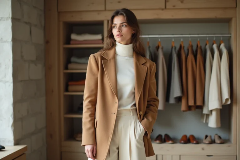 Femme en blazer camel oversize et pantalon large ecru dans une boutique de mode minimaliste parisienne