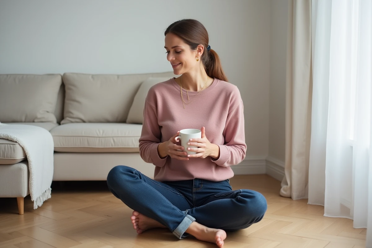 Femme en jean indigo et pull cachemire rose posant dans un appartement scandinave minimaliste avec une tasse en céramique
