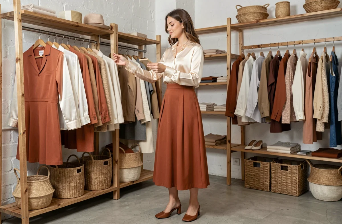 Jeune femme en jupe midi rouille et blouse en satin ivoire explorant une boutique de mode indépendante tendance, style unique saison