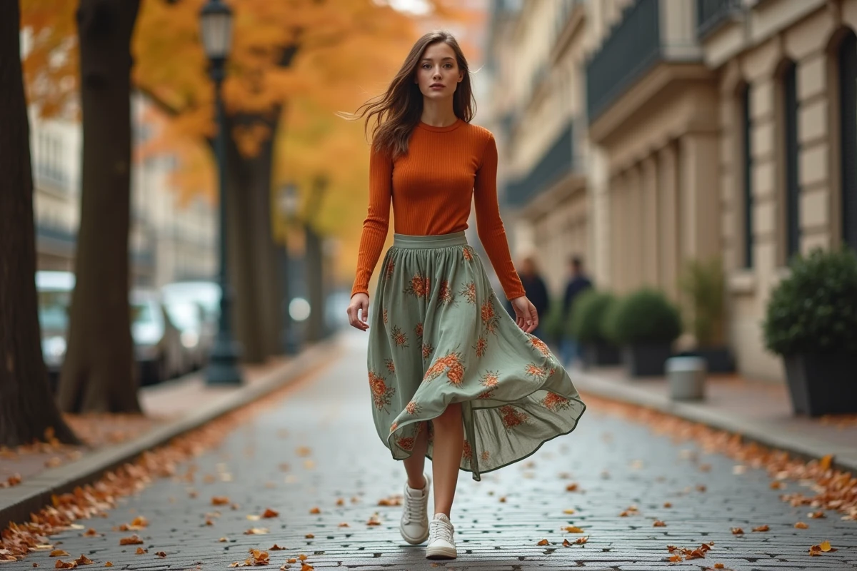 Femme en jupe midi imprimée fleuries et top côtelé rouille marchant sur un trottoir parisien en automne