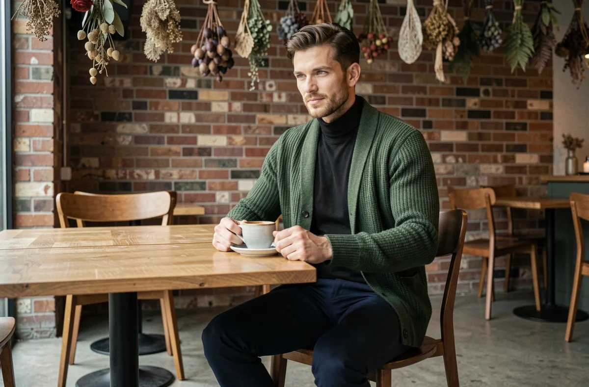 Homme stylé en cardigan vert texturé et bottines Chelsea marron assis dans un café urbain, look mode masculine tendance saison