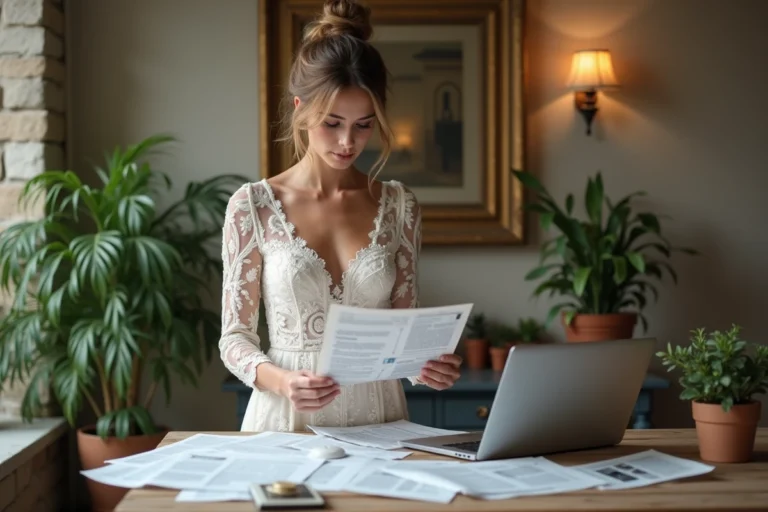 Femme en robe de mariée examinant des documents pour vérifier des informations sur un mariage célèbre