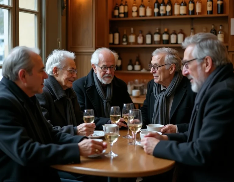 Groupe d'adultes en tenue de deuil réunis autour d'une table dans un café de village pour partager un verre après un enterrement