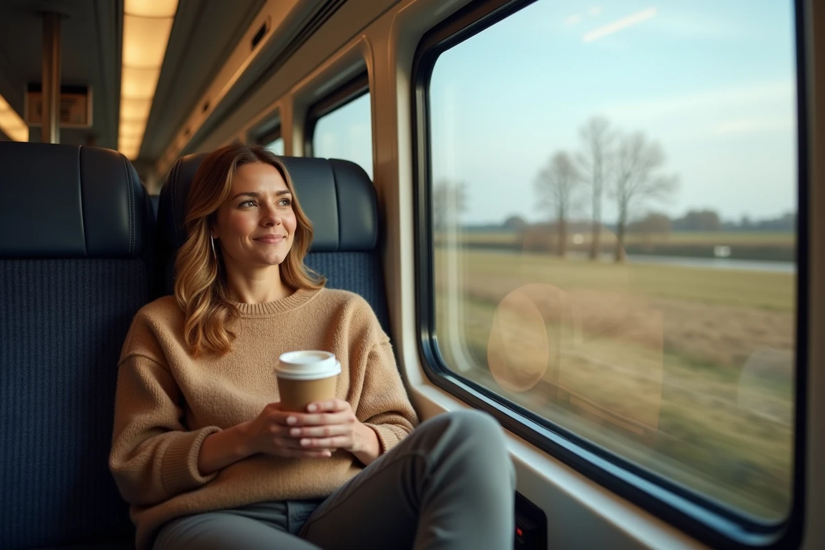Femme voyageant en train pendant un trajet auto train en France, assise confortablement au bord d'une fenêtre